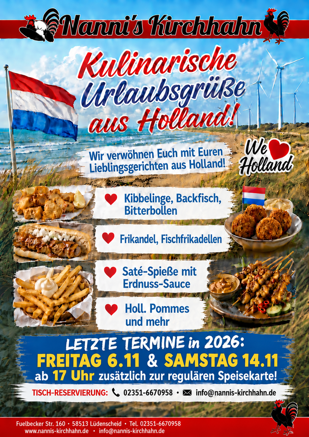 Kulinarische Urlaubsgrüße aus Holland, letzte Termine 2026: Freitag 6.11. und Samstag 14.11. ab 17 Uhr