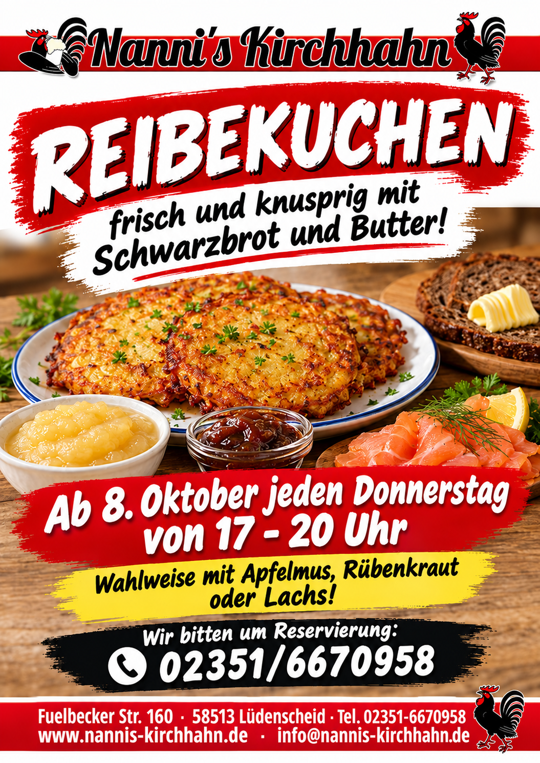 Reibekuchen jeden Donnerstag ab 8. Oktober von 17 bis 20 Uhr, wahlweise mit Apfelmus, Rübenkraut oder Lachs