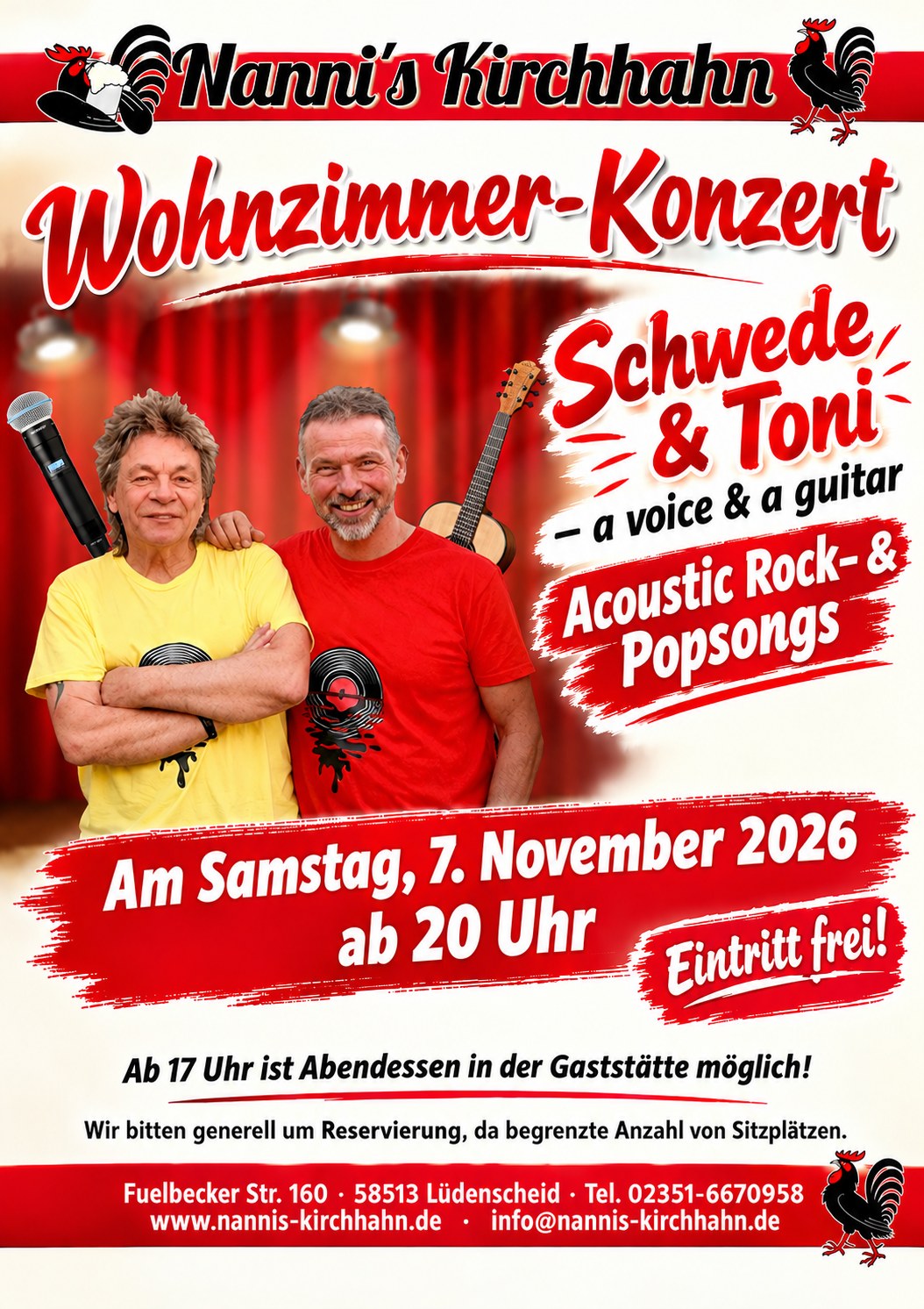 Plakat Wohnzimmer-Konzert mit Schwede & Toni am 7. November 2026 im Kirchhahn